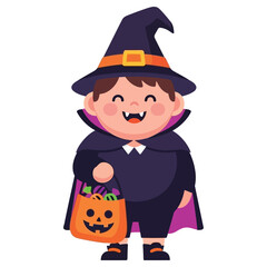 Cute Flat Style Boy in Halloween Costume Holding Candy Bag Illustration