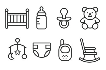 Nursery Essentials Icons. Outline icon set of nursery essentials: crib, baby bottle, pacifier, teddy bear, mobile, diaper, baby monitor, rocking chair. Line