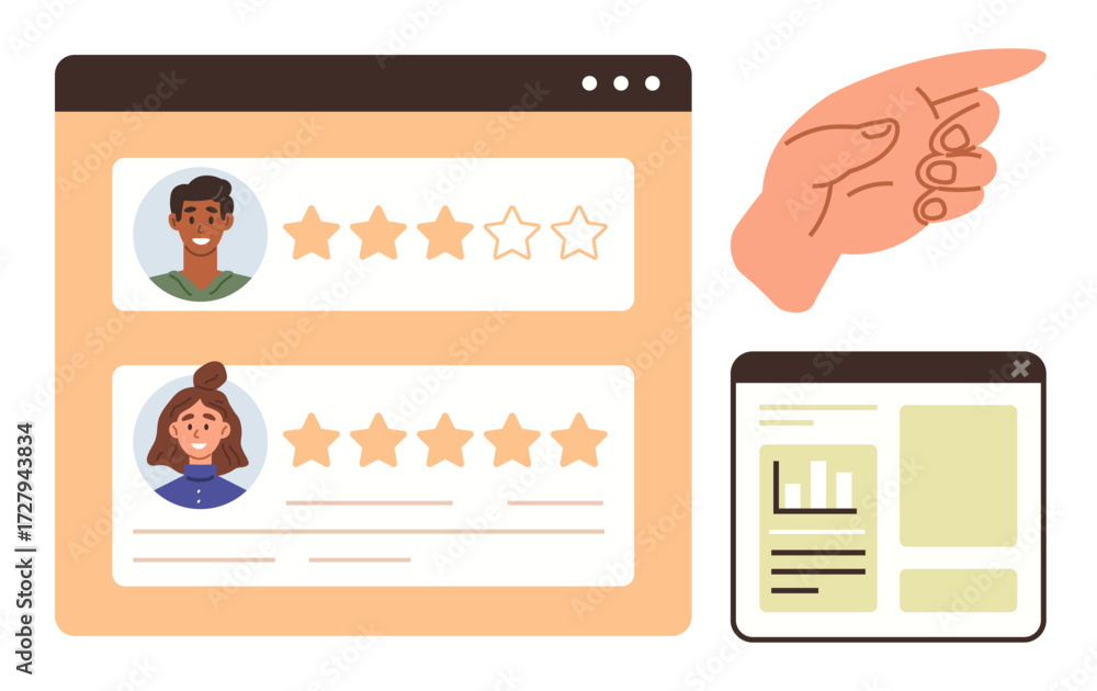 Poster web interface showing user profiles with star ratings, bar graph in pop-up window, pointing hand. id