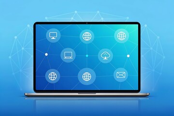Laptop Displaying Network of Connected Icons on a Blue Gradient Background computer technology