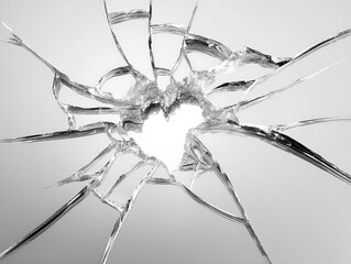 Abstract broken glass featuring radial cracks forming a heart shape on a light gray background creating a visually striking and conceptual image