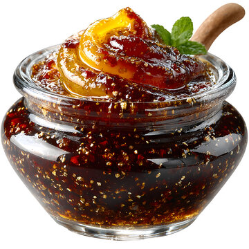 Indulge in rich, glossy fig jam with golden fruit swirls and a hint of mint, perfect for gourmet spreads and artisanal baking creations. Isolated  to Transparent  Background