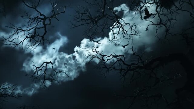 Ominous Flock of Ravens Flying Across a Spooky Moonlit Night Sky Through Bare Trees.