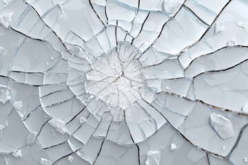 Detailed shot of cracked glass showing a radial fracture pattern over a white background with studio lighting highlighting the textures and details. Highlighting the fragility of materials