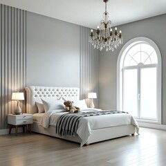 A white bed sitting in a bedroom next to a window.