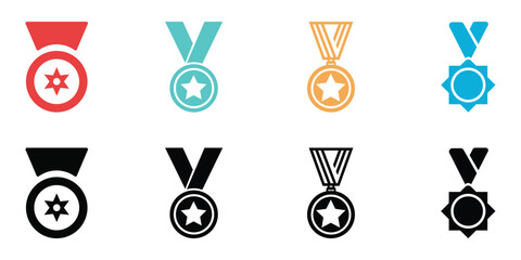 Award Medals Icon Set: Eight Colorful and Monochrome Variations for Achievement and Success.
