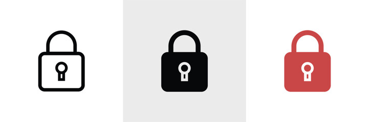 Padlock Icon Set: Black, White, and Red Variations; Simple, Secure, and Modern Design.