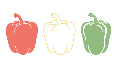 Three bell peppers red yellow and green outline and fill capsicum vegetable