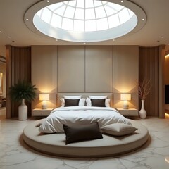 A large round bed sitting in a bedroom under a skylight.