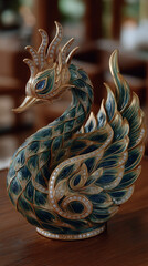 Golden Swan Sculpture: A close-up showcases a captivating golden swan sculpture, adorned with intricate details, elegant craftsmanship, and luxurious textures.