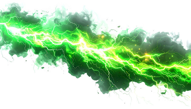 Glowing neon green lightning bolt with glowing edges isolated on transparent background