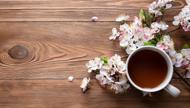 Spring Mug Mockup With Blossom Cherry Flat Lay On Wood Background With Copy Space