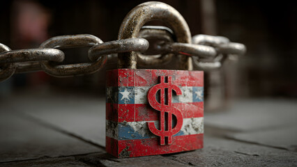 A decaying American flag padlock with a dollar sign, a powerful metaphor for US economic crisis and national debt.