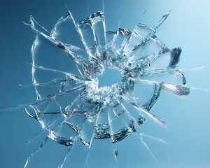Close up image of cracked glass with shattered pieces and fragments over a blue gradient background illustrating destruction and fragility