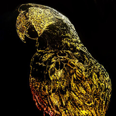 Ilustración tradicional de Guacamaya en fondo negro y colores psicodélicos, ave tropical