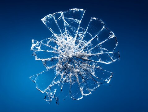 Dynamic shot of shattered glass against a blue gradient background. The sharp fragments create a visually striking abstract pattern, conveying themes of fragility and impact