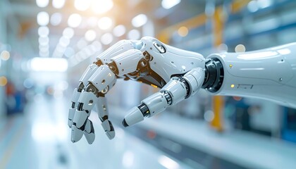 A close-up showcases a robotic hand with intricate details, extending into the blurred background of a manufacturing plant