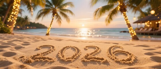 The year 2026 written in the sand of a festive beach, welcoming a hopeful New Year on a tropical vacation.