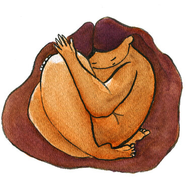 Mujer ama su piel y siente plenitud, ilustraci&oacute;n de acuarela con tinta china.