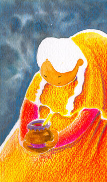 Anciana mexicana sostiene una taza de ponche con felicidad en el mes de septiembre. Ilustraci&oacute;n de acuerla con l&aacute;piz de color