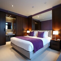 A large bed with a purple blanket on top of it.