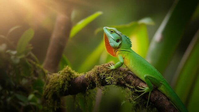 Vibrant Green Anole Lizard Performs a Mating Display with its Orange Dewlap in a Sunlit Rainforest.