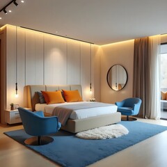 A bedroom with a large bed and two blue chairs.