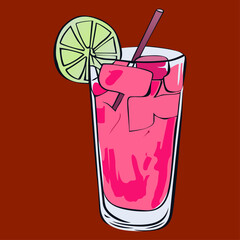Pink Cocktail with Ice and Lime