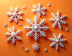 White snowflake ornaments of varying sizes artfully arranged on a vibrant orange background