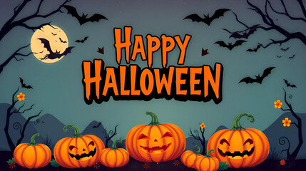 Happy Halloween illustration with pumpkins and bats colorful festive background holiday card vector