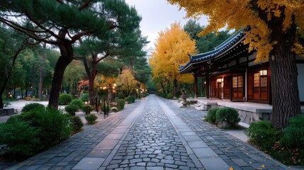 Obraz premium Autumn Temple in Cinematic HDR with Cobblestone Path and Trees at Twilight Tranquil Scene in Golden Hues and Serene Atmosphere
