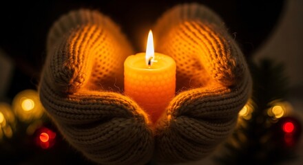 Hands in knitted mittens holding a lit beeswax candle