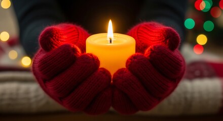 Hands in red mittens hold a lit candle with festive lights in the background