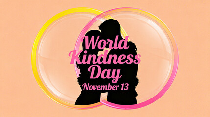 The embracing figures and colorful circles represent the concepts of World Kindness Day, care, and warmth, suitable for emotional transmission scenes on Kindness Day.
