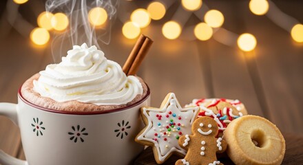 Hot chocolate with whipped cream and holiday cookies