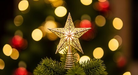 Illuminated star on a Christmas tree with bokeh lights