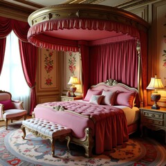 A luxurious bedroom with a canopy bed and a pink bedspread.