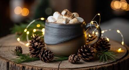 Mug of hot chocolate with toasted marshmallows pinecones and fairy lights