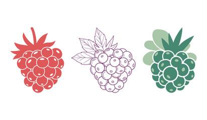 A set of stylized berries in red purple and green on white background berry raspberry