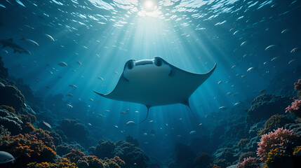 una manta raya dentro del oceano bajo la superficie en un paisaje de barcos hundidos animales majestuosos