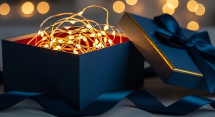 Open blue gift box filled with glowing fairy lights