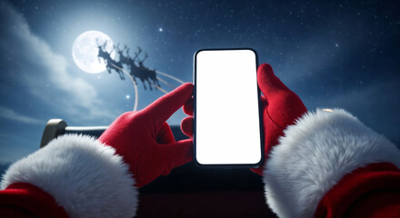 POV of Santa Claus holding smartphone with blank screen while flying in his sleigh on sky with full moon and stars at night, Christmas mockup for mobile app or sale announcement