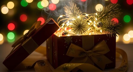 Open Christmas gift box with fairy lights and pine branch