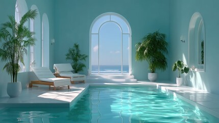 Obraz na płótnie Canvas Azure Spa Interior with Poolside Loungers and Ocean View in Sunny Day