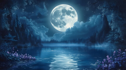 Moonlit horizon over calm water at night, surreal glow tracing bioluminescent patterns across waves.