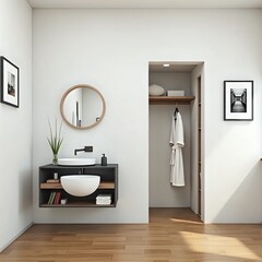 A bathroom with a white sink and a round mirror.