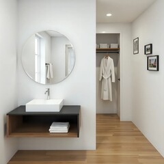 A bathroom with a white sink and a round mirror.