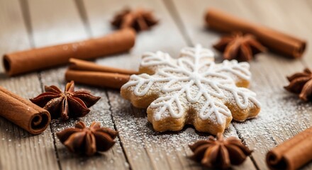 Snowflake cookie with star anise and cinnamon sticks on wooden surface