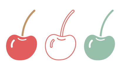 Three stylized cherries in red coral pink and sage green with stems on white background cherry fruit