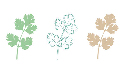 Fototapeta premium Three stylized cilantro sprigs in pastel green teal and beige on white background herb leaf